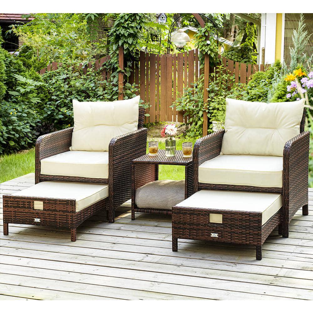 PamaPic 5Piece Wicker Patio Furniture Set Outdoor Patio Chairs with Ottomans Beige