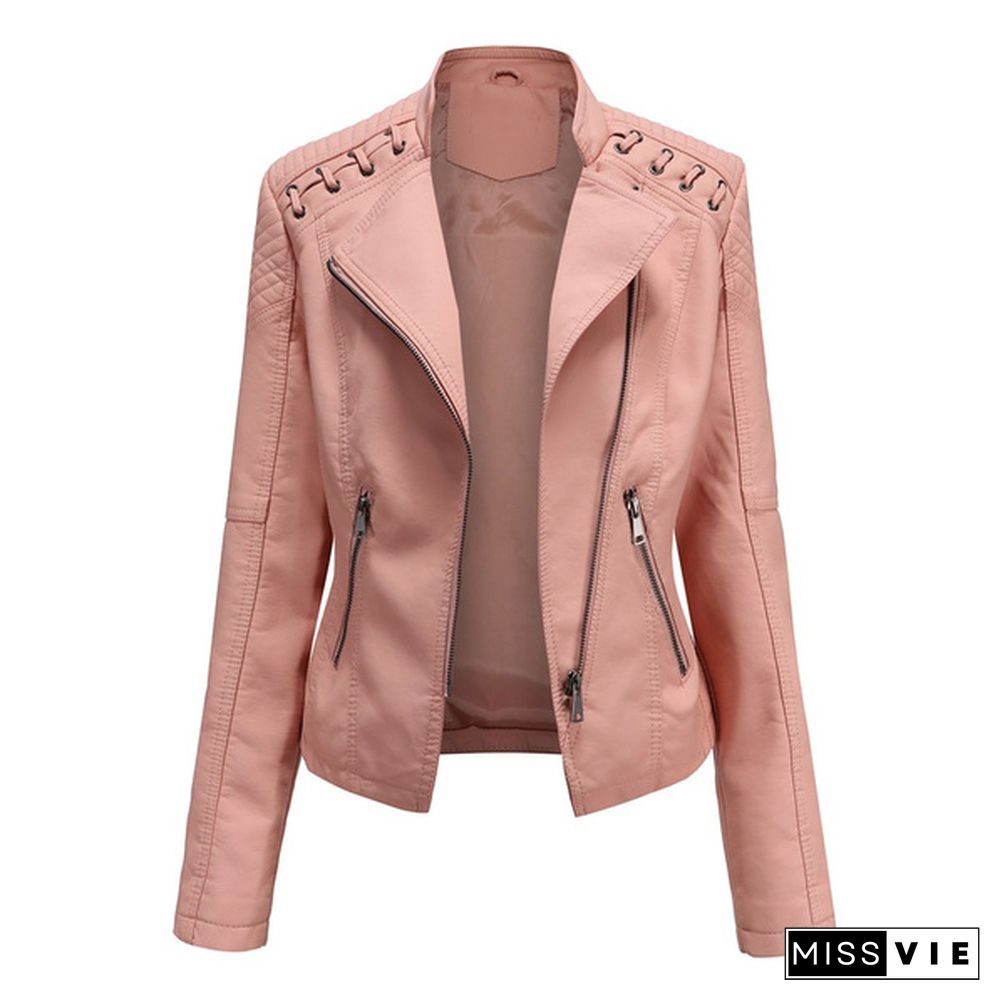 High-quality Fashion Ladies Zipper Casual PU Leather Soft Motorcycle Leather Jacket Coat