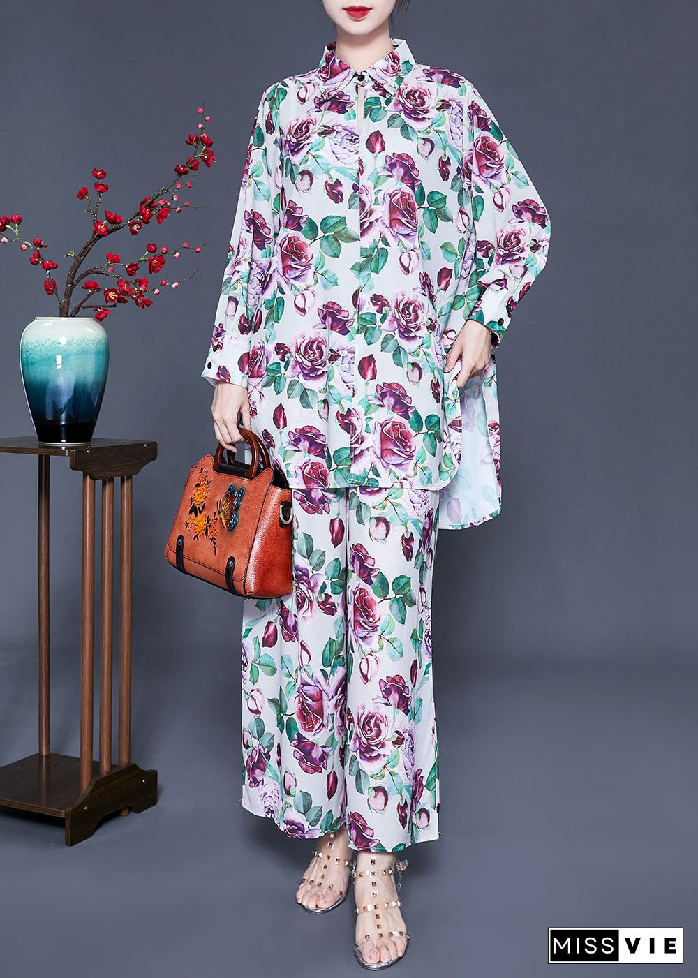 Elegant Purple Floral Print Side Open Silk Tops And Pants Two Pieces Set Spring