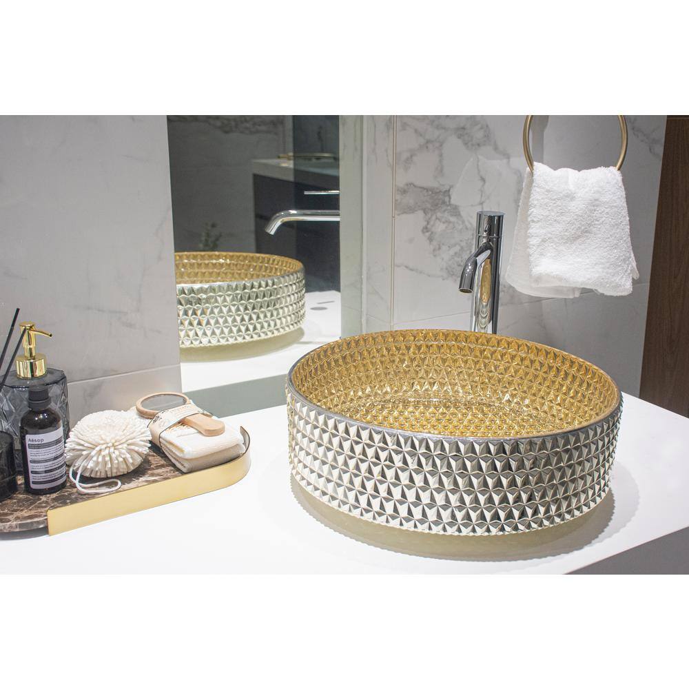 Flynama Gold Crystal Glass Round Bathroom Vessel Sink Crystalline Die Cast Basin RBCS204