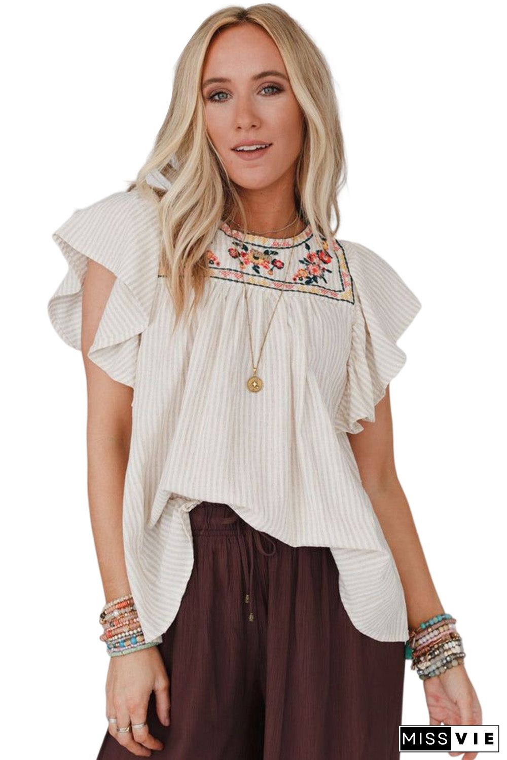 Stripe Ruffled Sleeve Embroidered Blouse