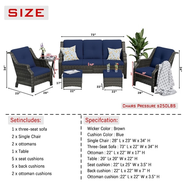 Cozywor 6Piece Outdoor Patio Swivel Rocking Wicker Conversation Lounge Chairs with Side Table and Ottoman