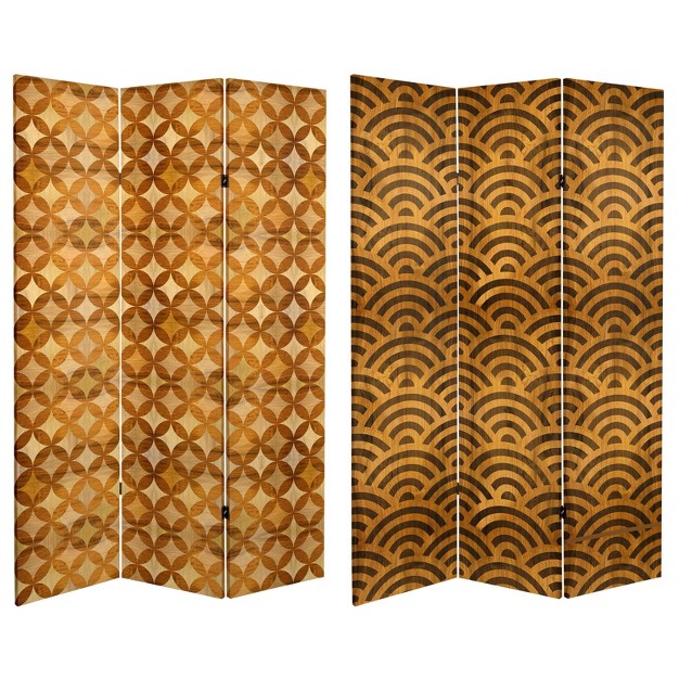 Double Sided Japanese Wood Pattern Canvas Room Divider Brown Oriental Furniture