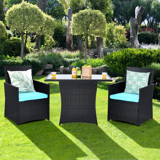 Tangkula 3pcs Patio Rattan Dining Set Space saving Furniture Set With Tempered Glass Top Table And Cushioned Chairs