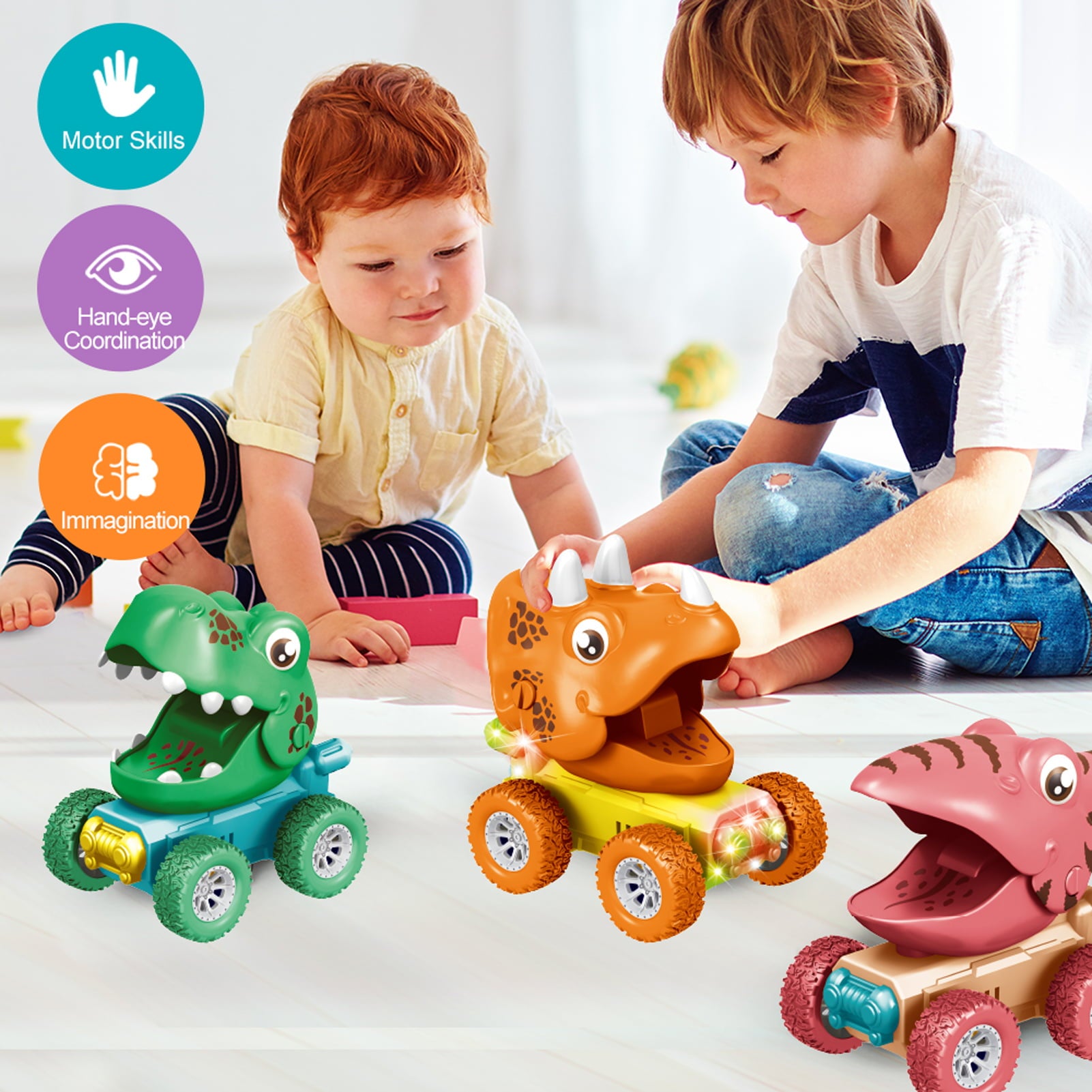 Baby Dinosaur Toy Cars for 1 2 3 Year Old Toddlers， 3-Pack Press and Go Dino Trucks for Kids Infants， Birthday Christmas Gift Toys Vehicles for Boys Girls Age 18 Months and Up