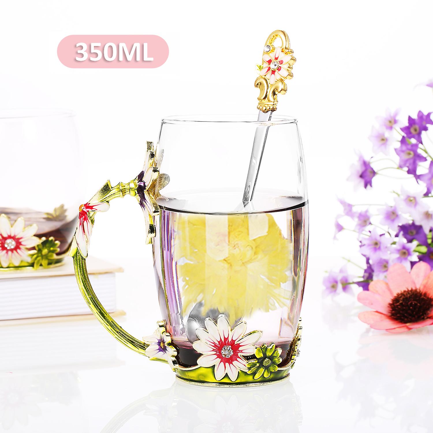 Green Chrysanthemum Enamel Craft Water Cup Drink Mug With Handle Design Tea Coffee Cup With Spoon Cleaning Cloth Set 350ml