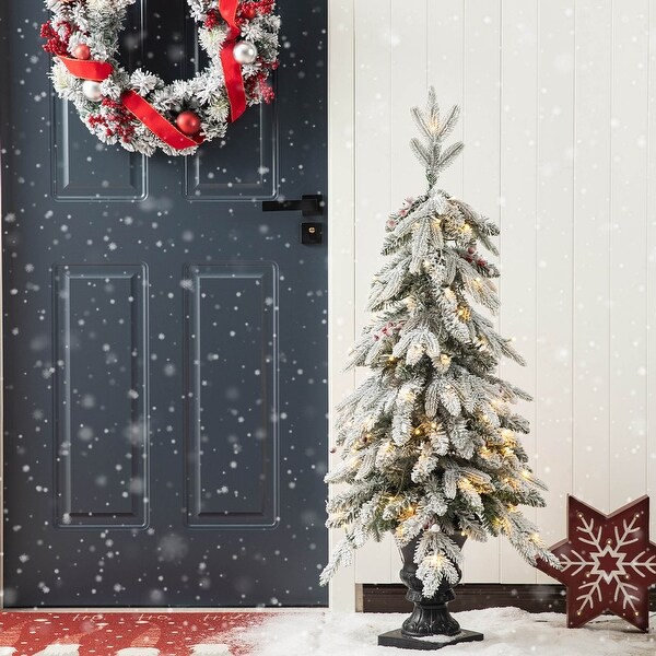 Glitzhome 4FT/5FT PreLit Flocked Fir Artificial Christmas Potted Porch Trees