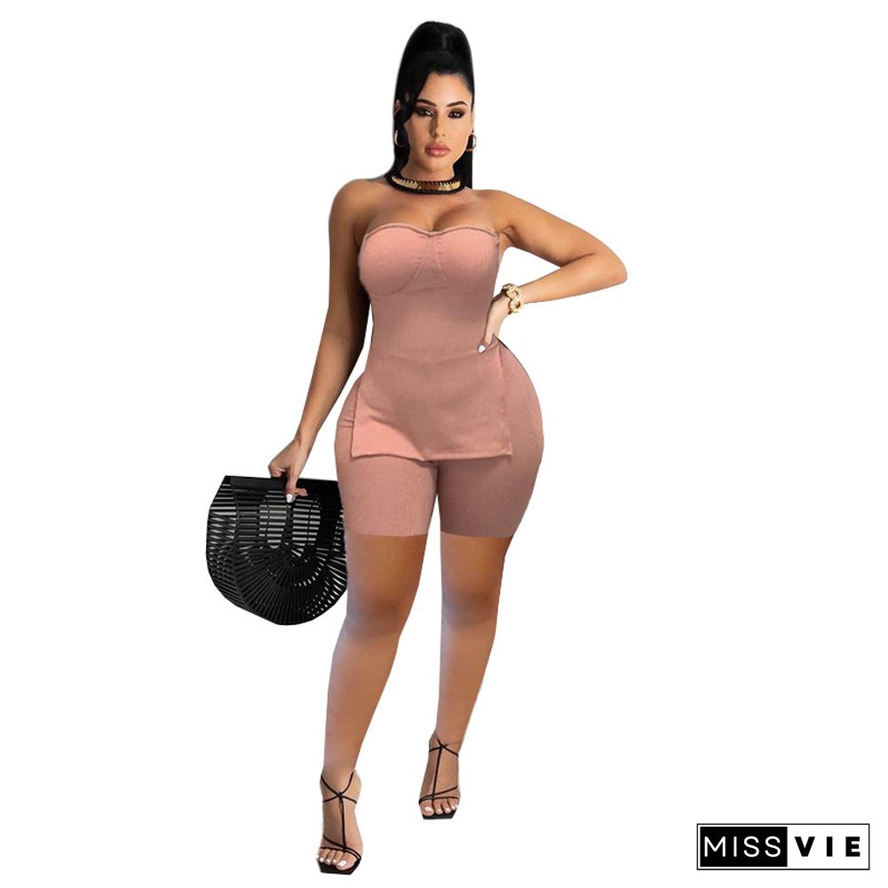 Solid Color Casual Chest Wrap Top Bodycon Shorts Two Piece Set