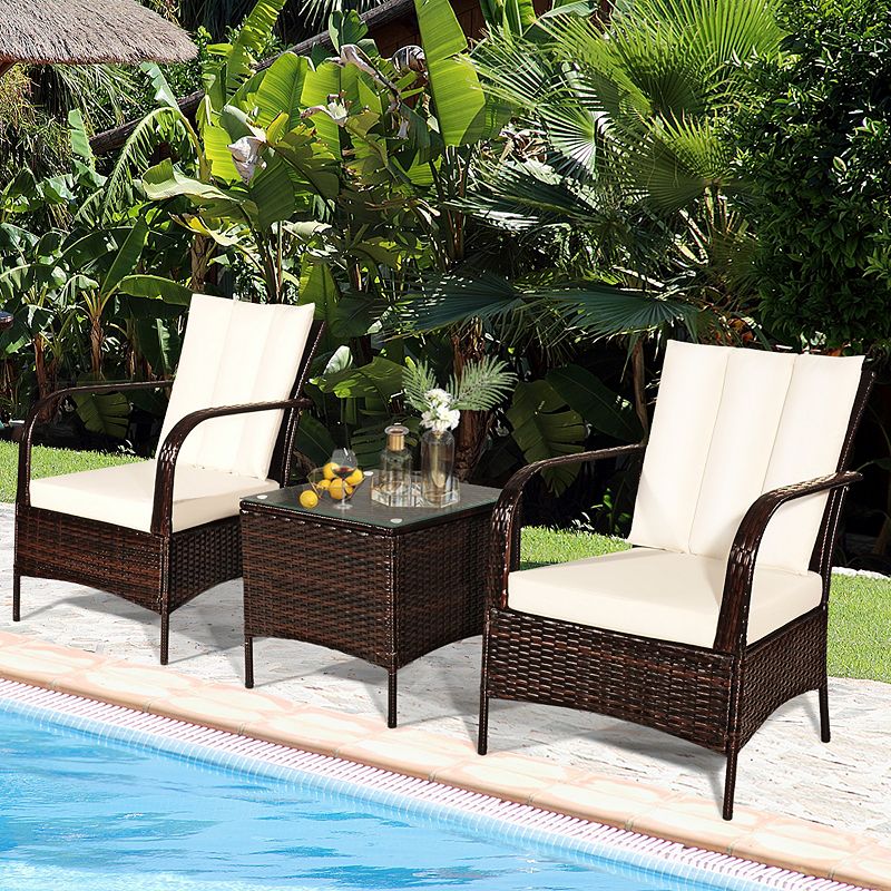 3 Pcs Patio Conversation Rattan Furniture Set with Glass Top Coffee Table and Cushions