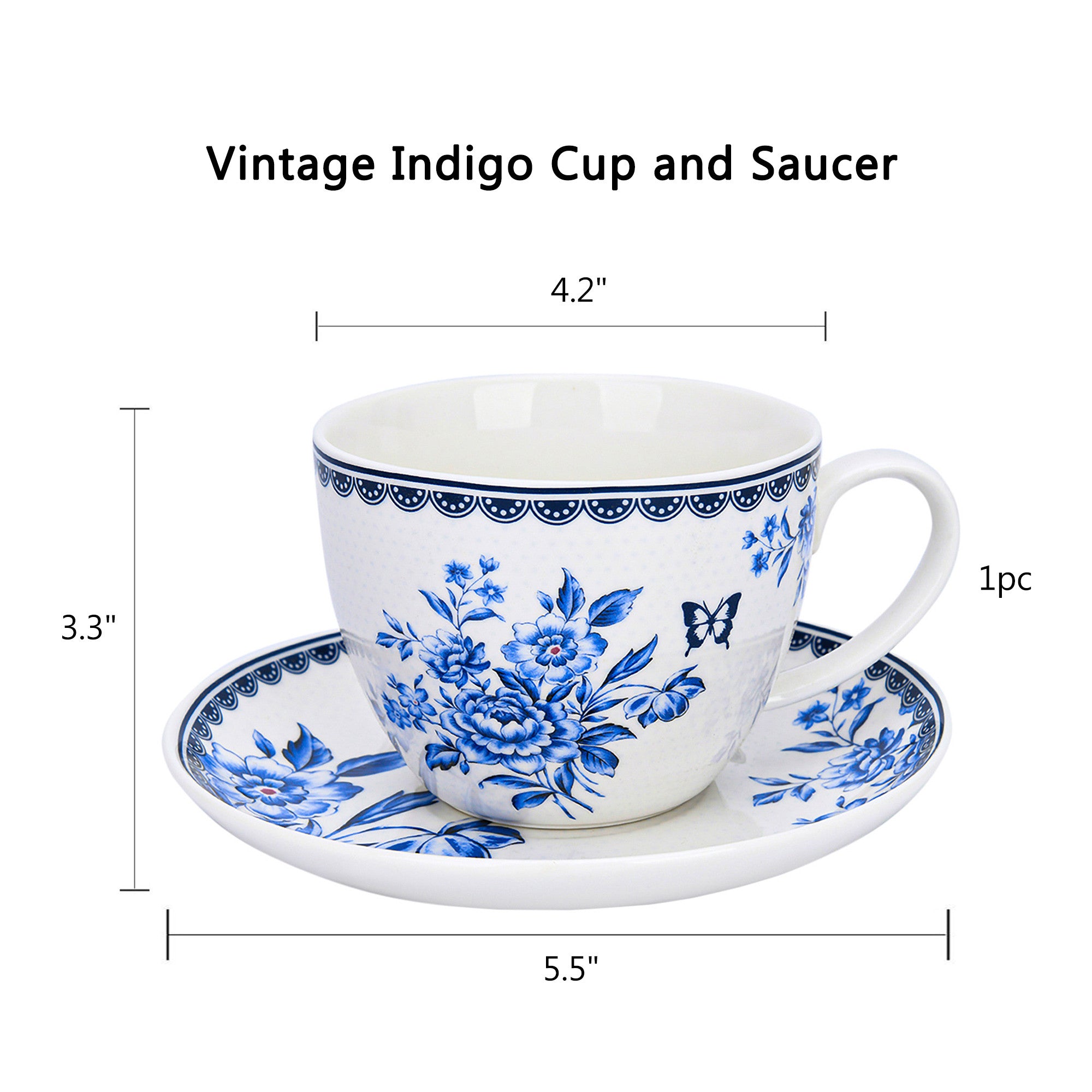 Bone China Kitchen Teacups Floral Tea Cups Vintage Indigo Tea Cup w/ saucer 450 ml Pretty Tea Cup with Matching Saucer Christmas Mugs