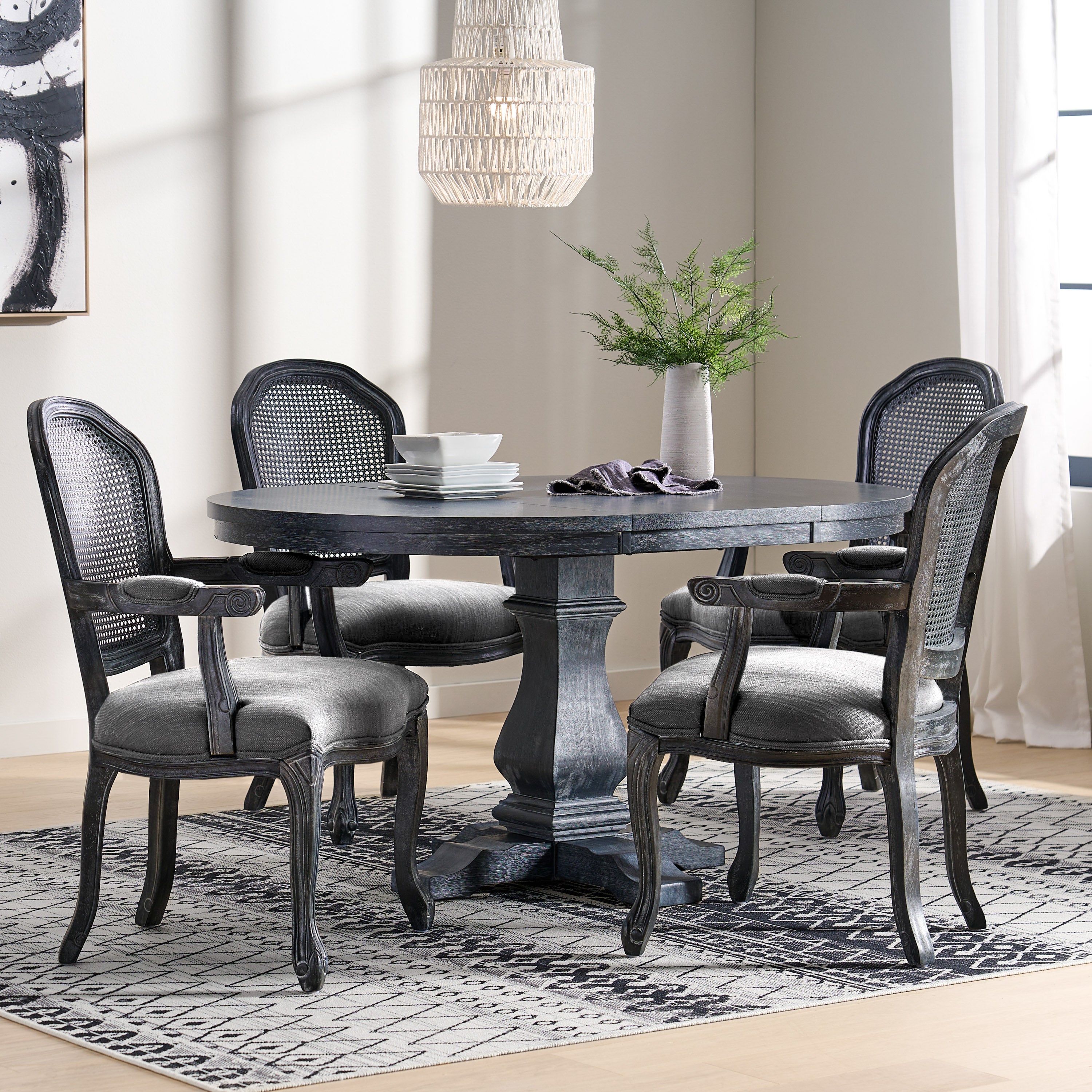 Mariette French Country Wood and Cane 5 Piece Expandable Oval Dining Set