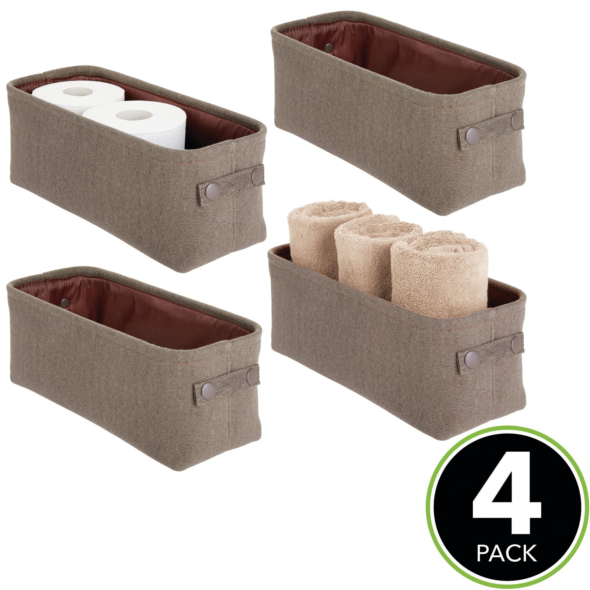 mDesign Soft Cotton Fabric Bathroom Storage with Attached Handles - Organizer for Towels, Toilet Paper Rolls - For Back of Toilet, Cabinets, and Vanities, 4 Pack - Espresso Brown