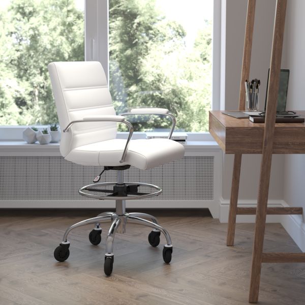 Lexi Mid-Back White LeatherSoft Drafting Chair with Adjustable Foot Ring， Chrome Base， and Transparent Roller Wheels