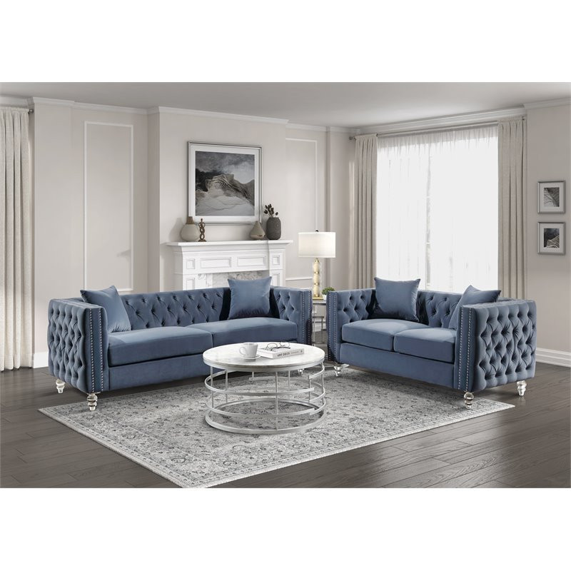 Lexicon Orina Button Tufted Velvet Loveseat in Dark Blue   Traditional   Loveseats   by Homesquare  Houzz