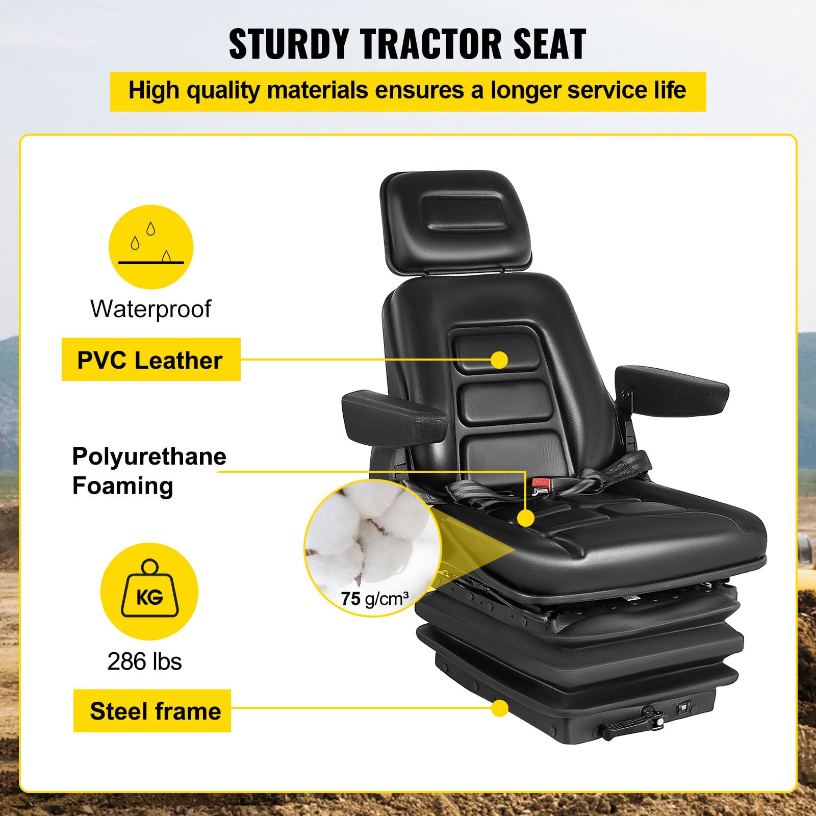 VEVOR Adjustable Suspension Backrest Headrest Foldable Forklift Seat with Slide Rails Replacement Truck Seat Heavy Duty for Tractor Forklift Excavator Skid Steer