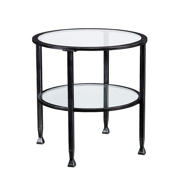 SEI Furniture Glenn Distressed Black Metal Round Side Table with Glass Top and Shelf