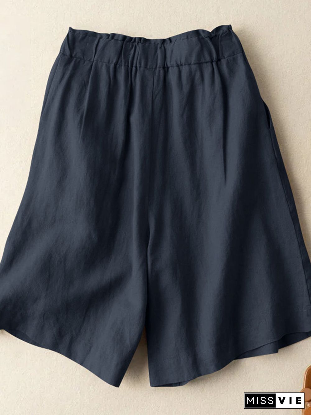 Solid Pocket Ruched Elastic Waist Casual Cotton Shorts