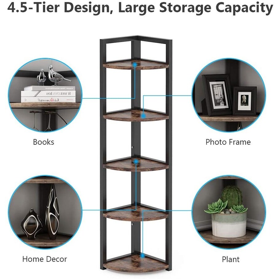 Rustic 5 Tier Corner Shelf Stand Corner Bookshelf Bookcase Plant Shelf