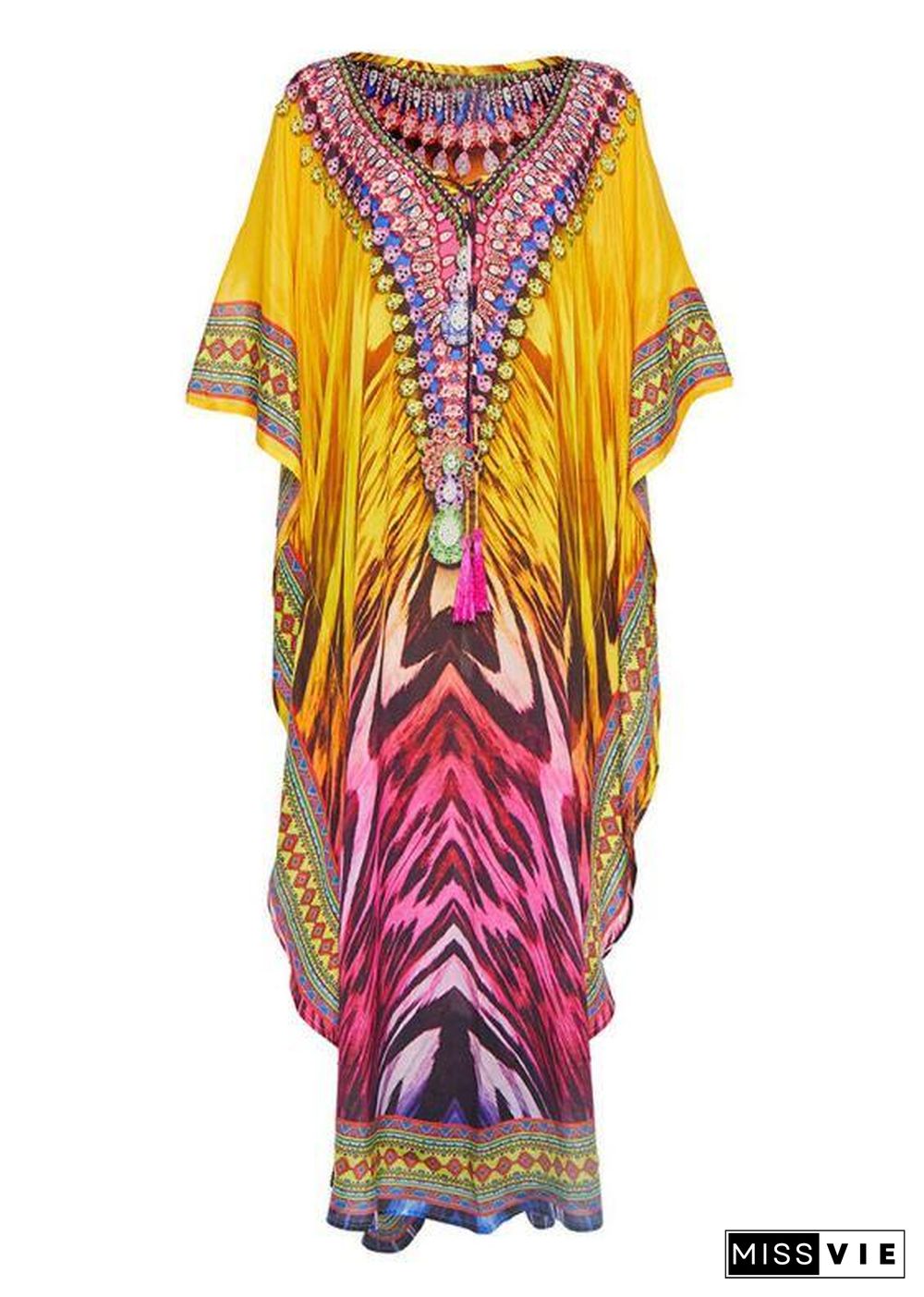 French Yellow Print Beach Gown Summer Dress