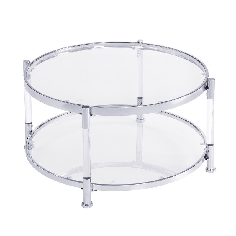 Grondin Modern Style Round 2 Tier Coffee Table Cocktail Table with Tempered Glass Top  Steel and Acrylic Frame