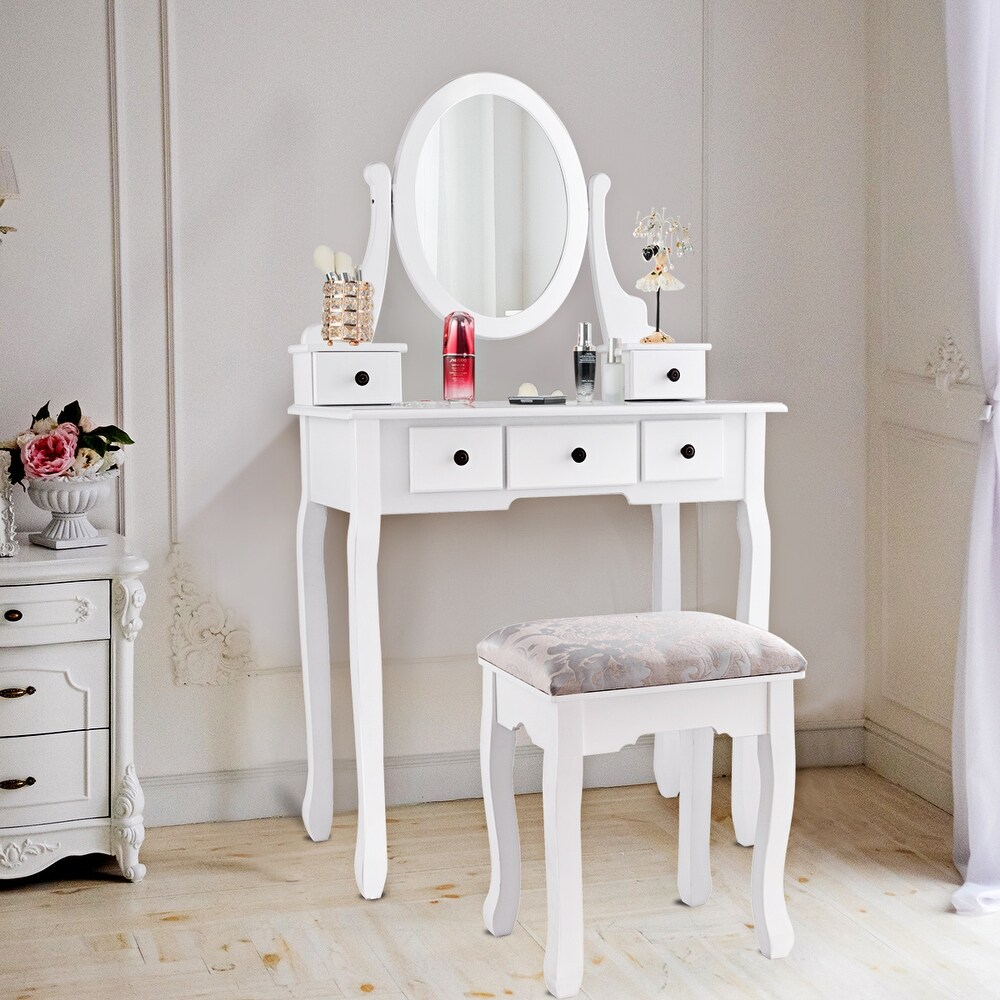 Costway Makeup Desk Vanity Dressing Table Oval Stool 5 Storage Drawers