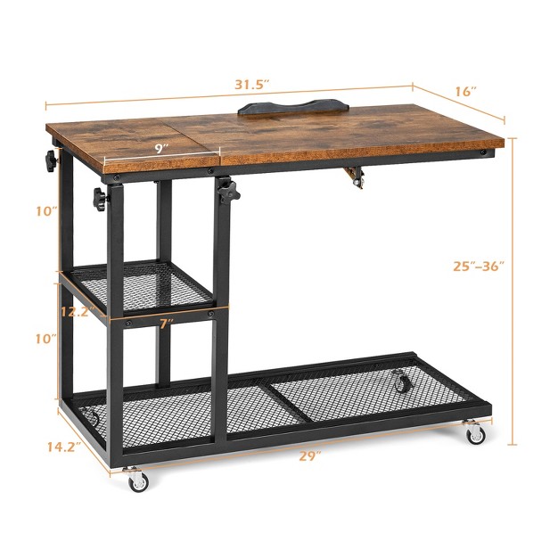 Costway C Shaped Side Table W Wheels Height And Tabletop Adjustable Storage Shelf