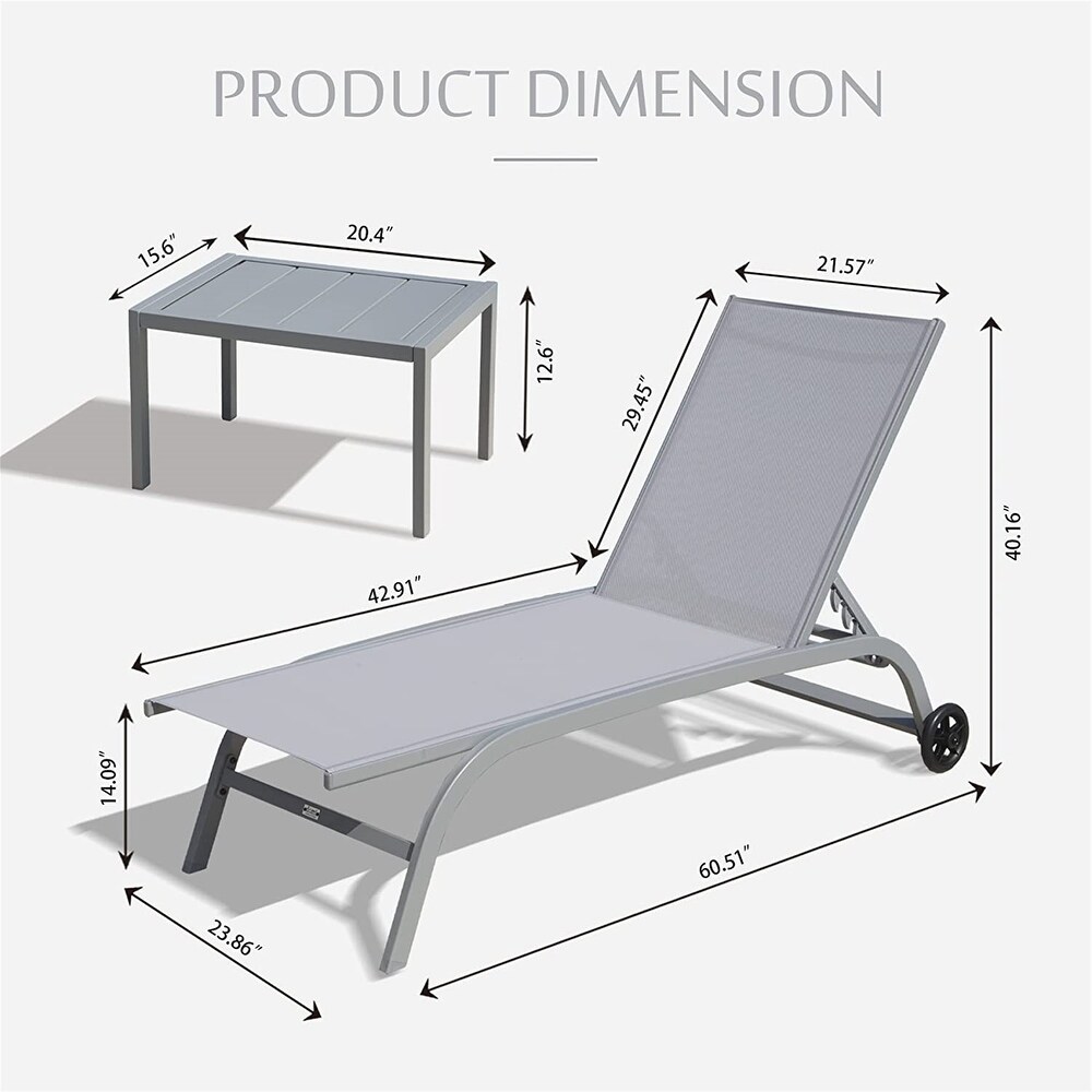 Lounge Chairs for Outside with Wheels 5 Adjustable Position and 1 Table