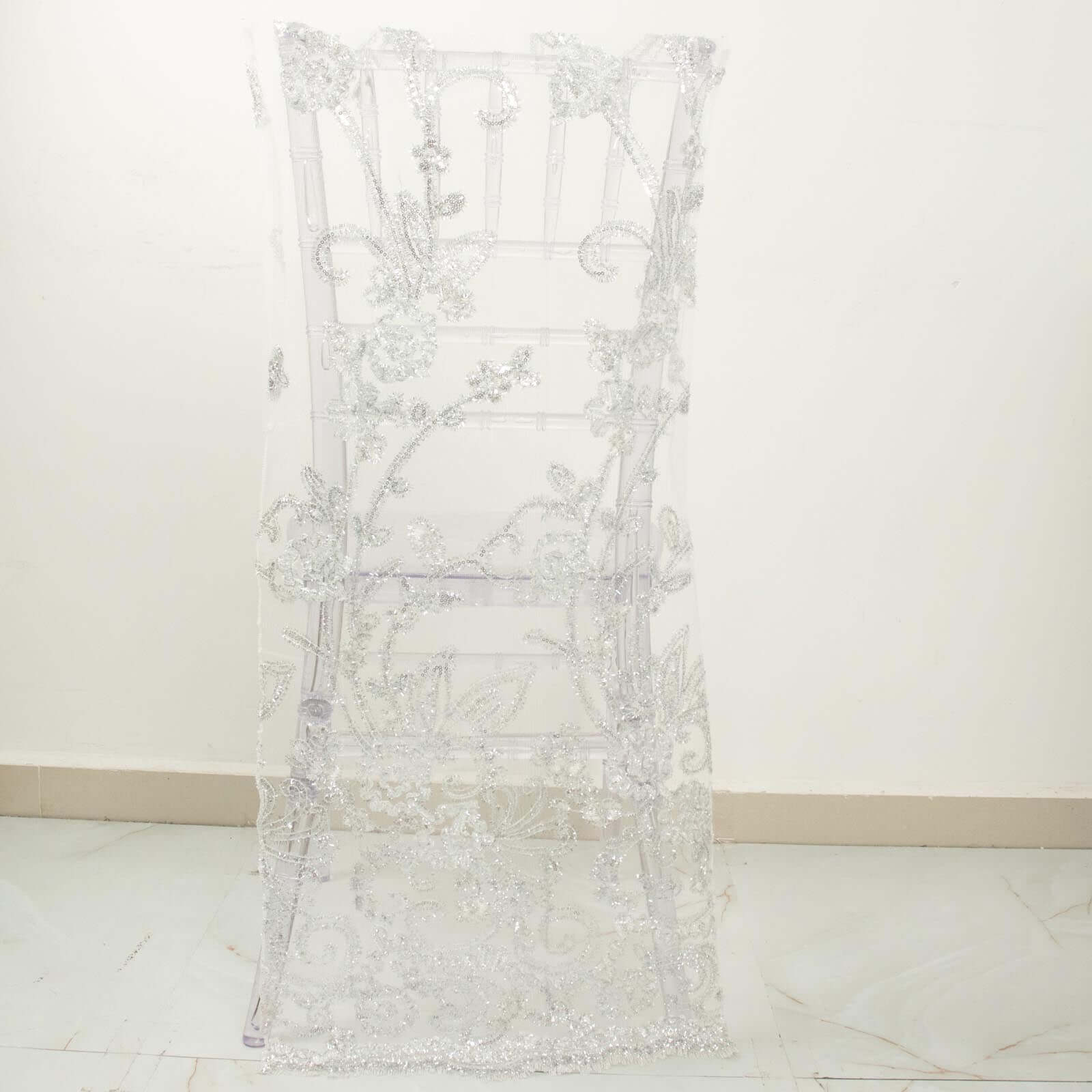 White Organza Floral Sequin Embroidered Wedding Chiavari Slipcover, Wedding Chair Back Lace Cover