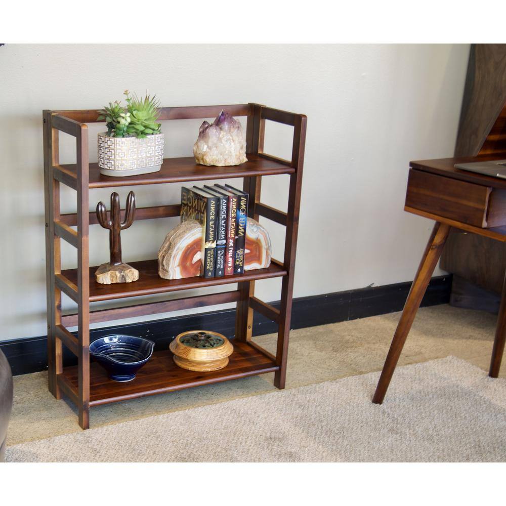 Eccostyle 34 in. Mahogany Acacia 3-Shelf Folding Etagere Bookcase VTTOF0135DM