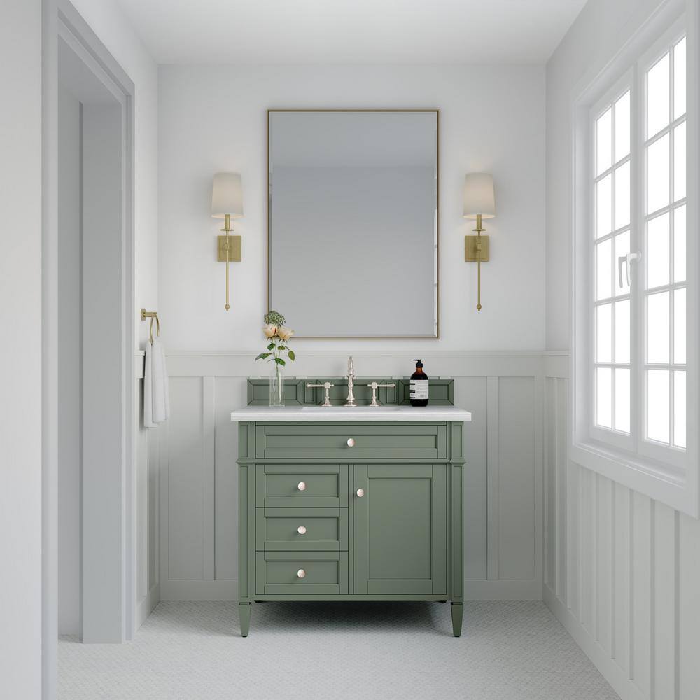 James Martin Vanities Brittany 36.0 in. W x 23.5 in. D x 33.8 in. H Bathroom Vanity in Smokey Celadon with Arctic Fall Solid Surface Top 650-V36-SC-3AF