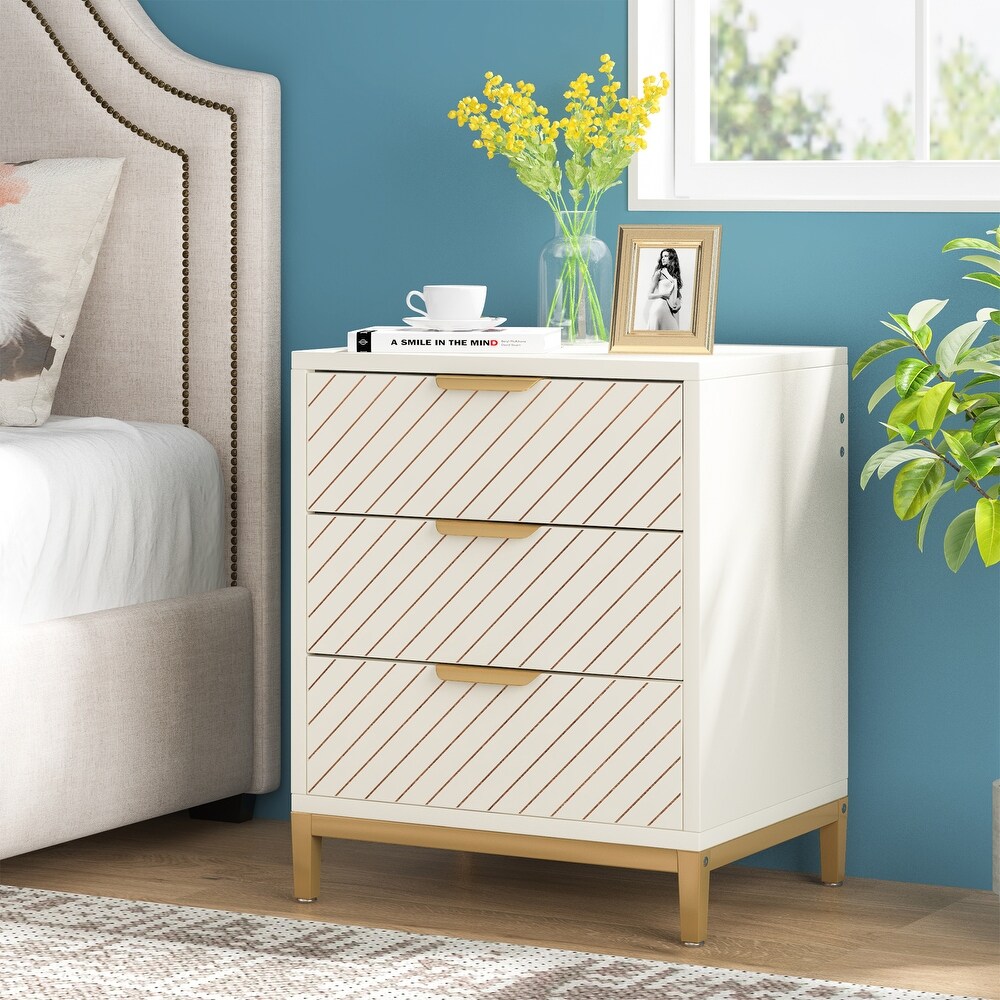 White and Gold Night Stands for Bedrooms Light Wood Grain Nightstands with 3 Drawers