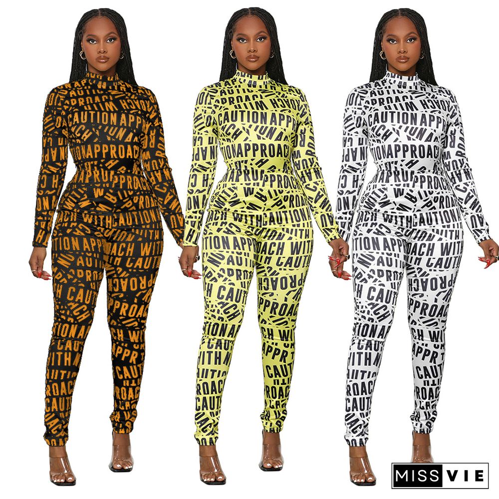 Letter Print Half High Neck Zipper Jumpsuit