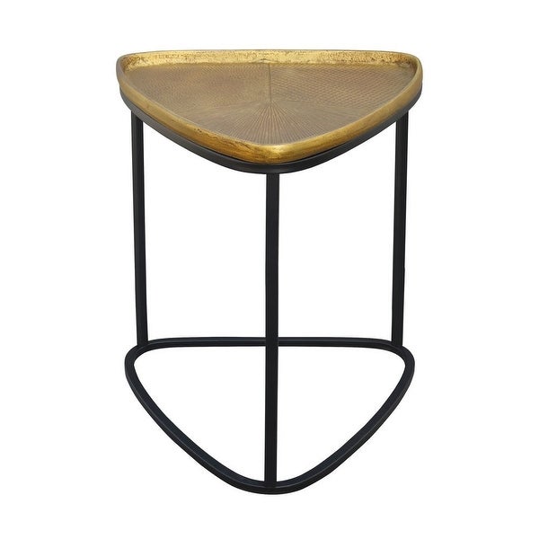 19 Inch Aluminum Side End Table， Iron Frame， Guitar Pick Shaped Top， Antique Brass， Black - 18.6 H x 14.7 W x 15.6 L I