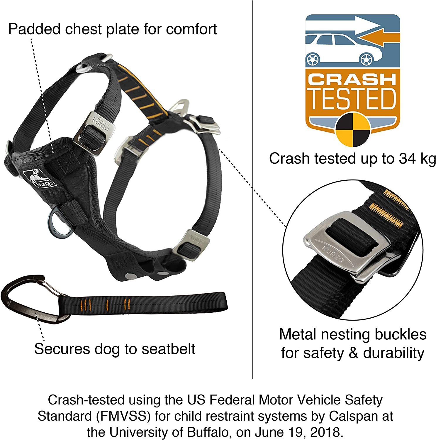 Car Dog Harness - Kurgo Tru-Fit Enhanced Strength Crash Tested Smart， Medium， Black