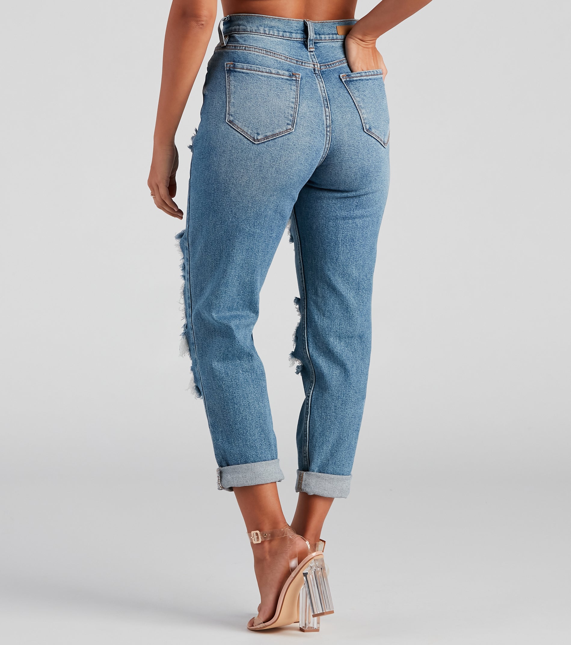 Totally Destructed Cuffed Mom Jeans