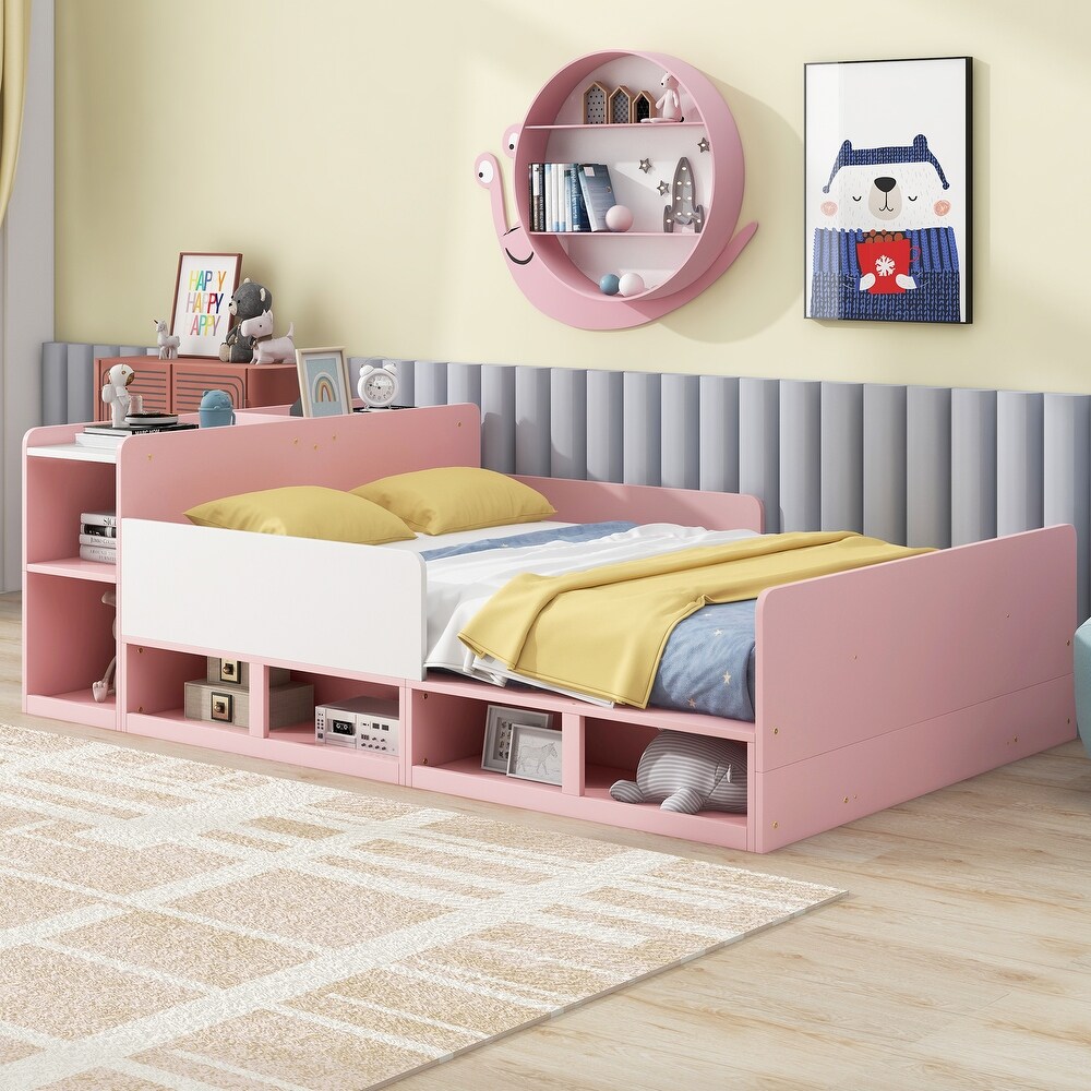 Pink Full Platform Daybed Bed w/ Headboard 4 Underneath Cabinets