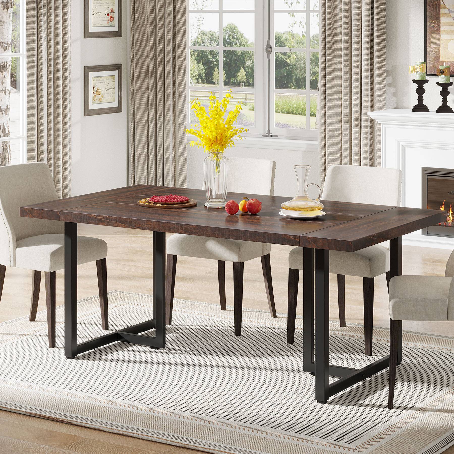 Farmhouse Dining Table, Industrial Rectangular Kitchen Table for 4-6 People