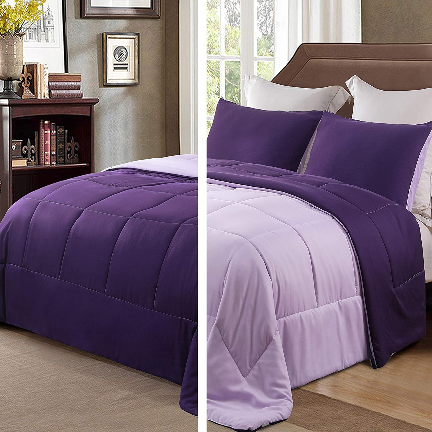 Exclusivo Mezcla Lightweight Reversible 3-Piece Comforter Set for All Seasons， Down Alternative Comforter with 2 Pillow Shams， Queen Size， Deep Purple/Lilac