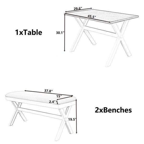 3 pieces dining table set， kitchen dining room upholstery 2 benches， brown