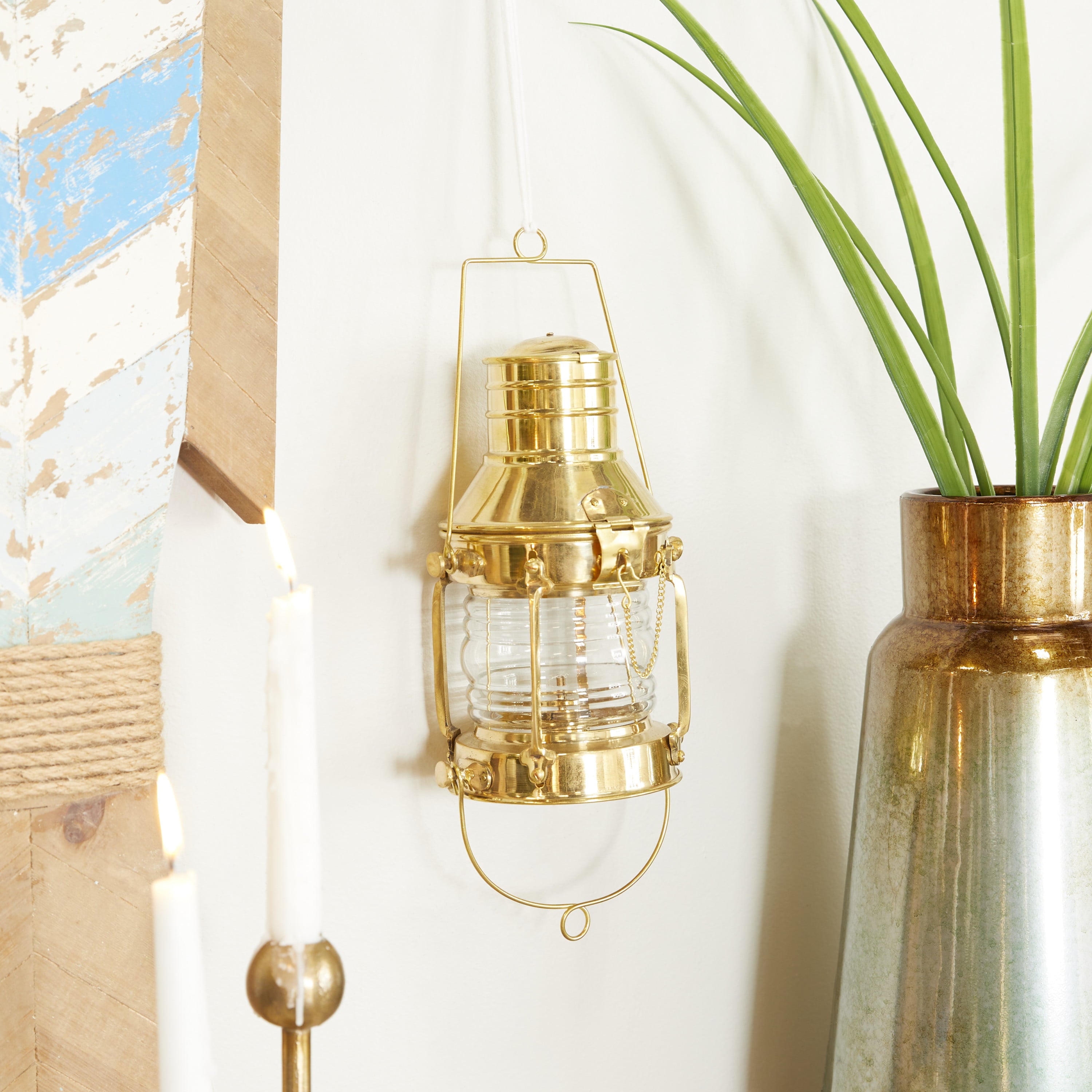 DecMode Gold Brass Candle Lantern with Handle