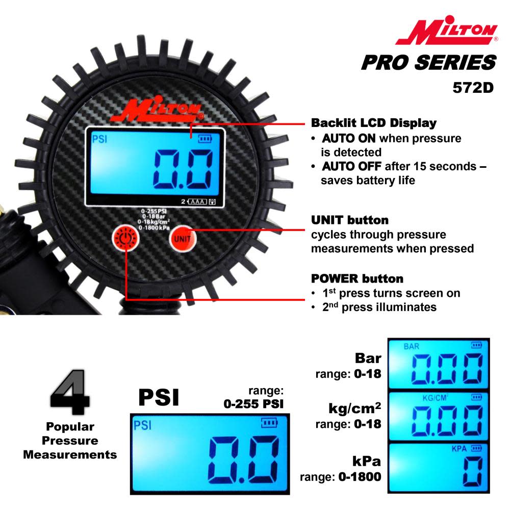 Milton® 572D Pro Digital Pistol Grip Inflator Gauge ; 36 Hose and Kwik Grip Safety Chuck ; 255 PSI ;