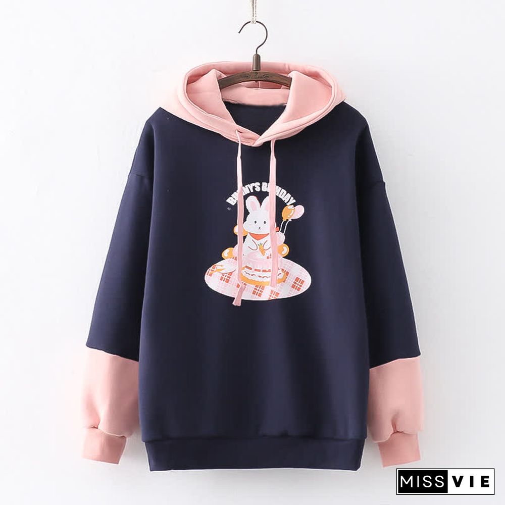 Cartoon Bunny Duck Print Colorblock Plush Hoodie