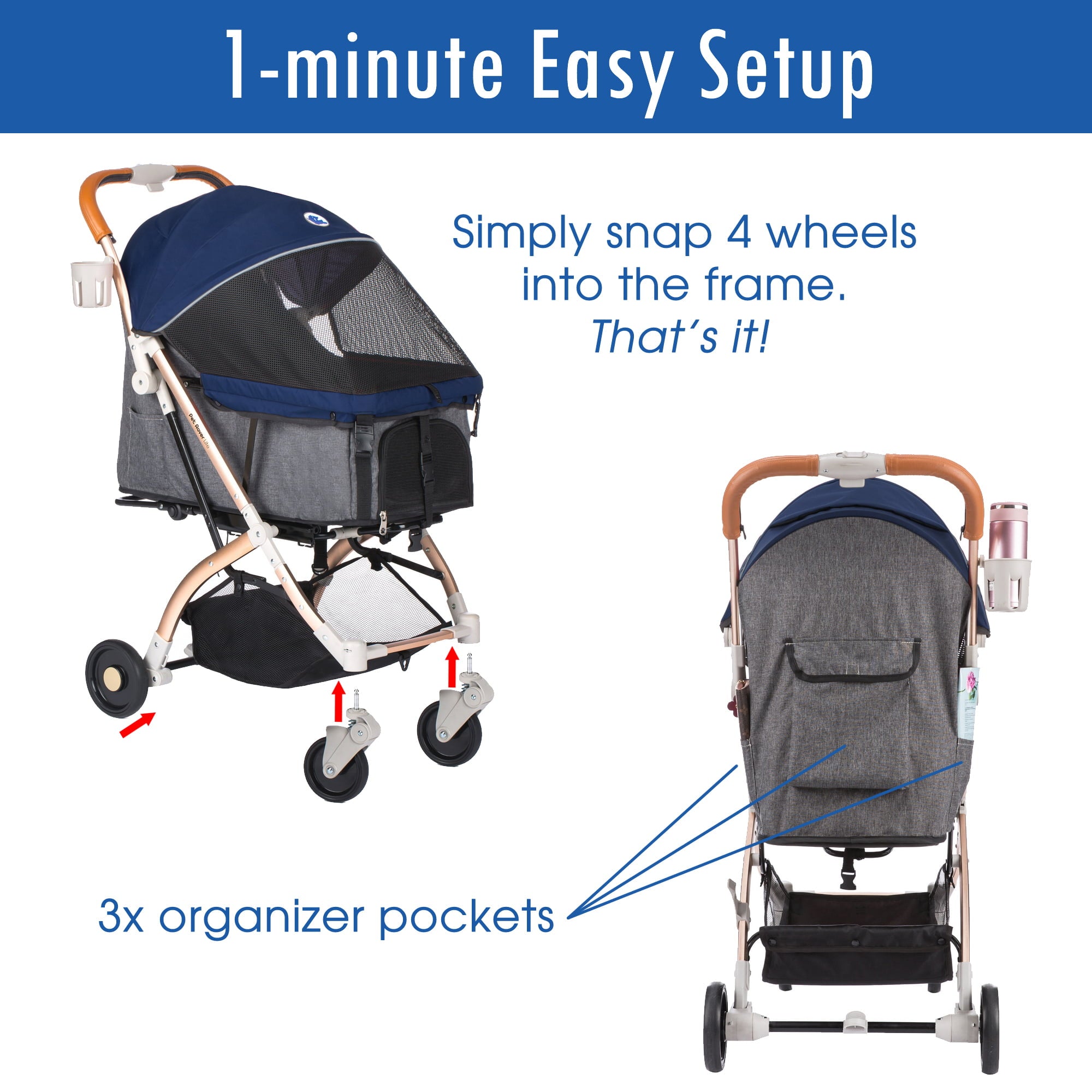 HPZ Pet Rover Lite Travel Dog， Cat and Pet Stroller， Navy Blue