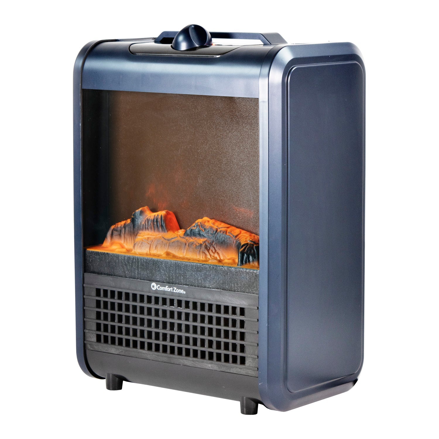 Comfort Zone 1200W Ceramic Portable Electric Table Top Fireplace Heater, Adjustable Thermostat, Simulated Flame, Matte Blue