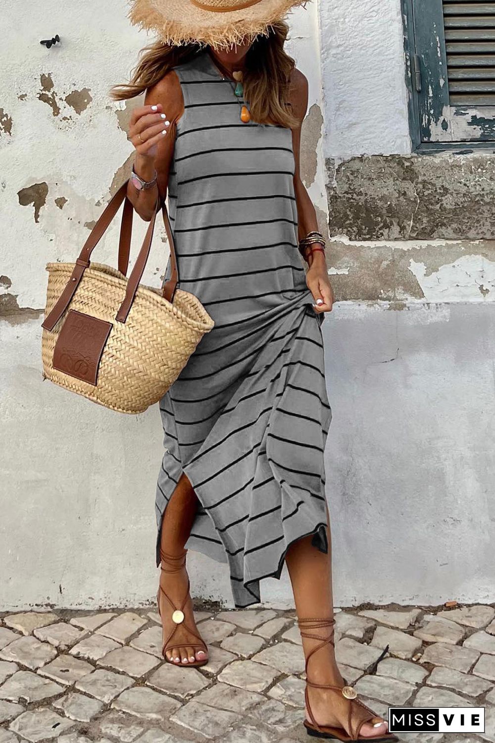 Gray Stripe Print Open Back Sleeveless Maxi Dress with Slits