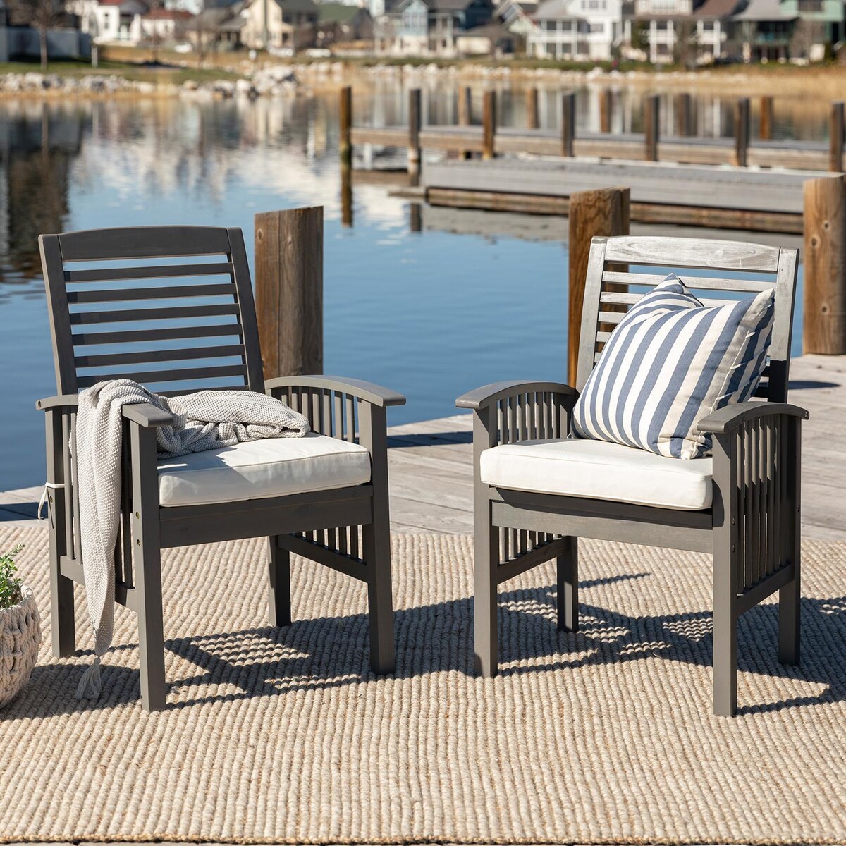 Ultimate Patio Horizon Way 2 Piece Acacia Patio Dining Arm Chair Set W/ Off-White Cushions