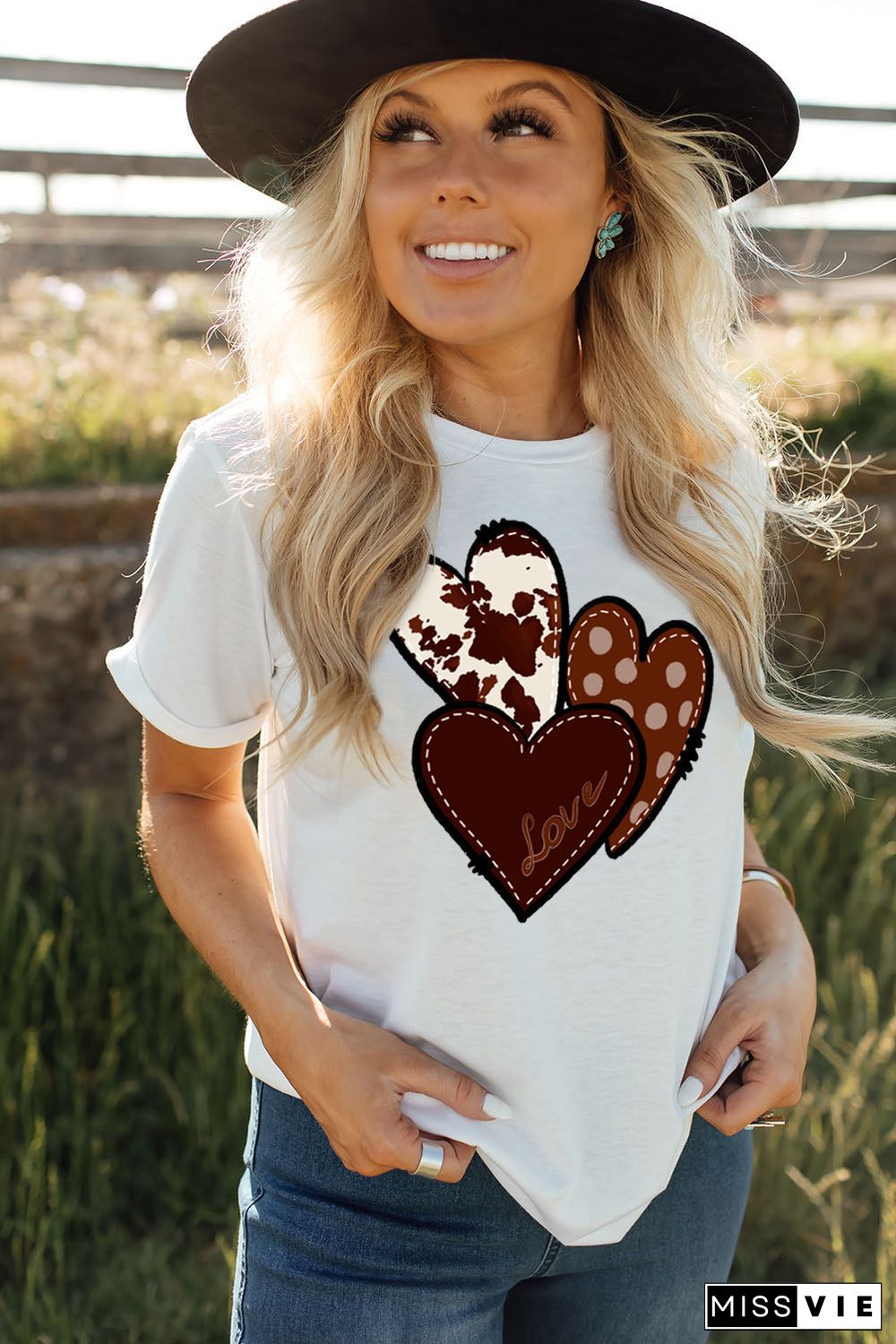 White Valentine'S Western Fashion Day Heart Print T-Shirt