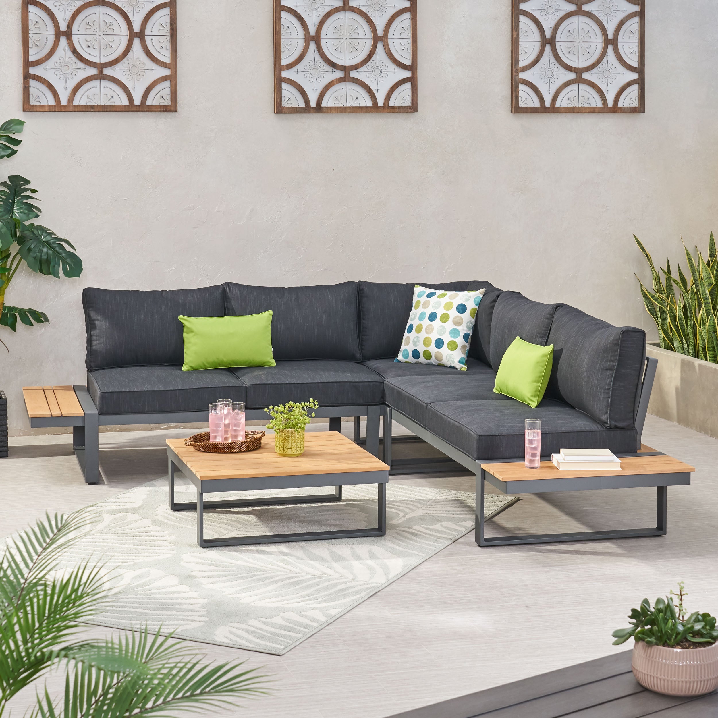 Johana Outdoor Aluminum V-Shaped 5 Seater Sofa Set with Cushions