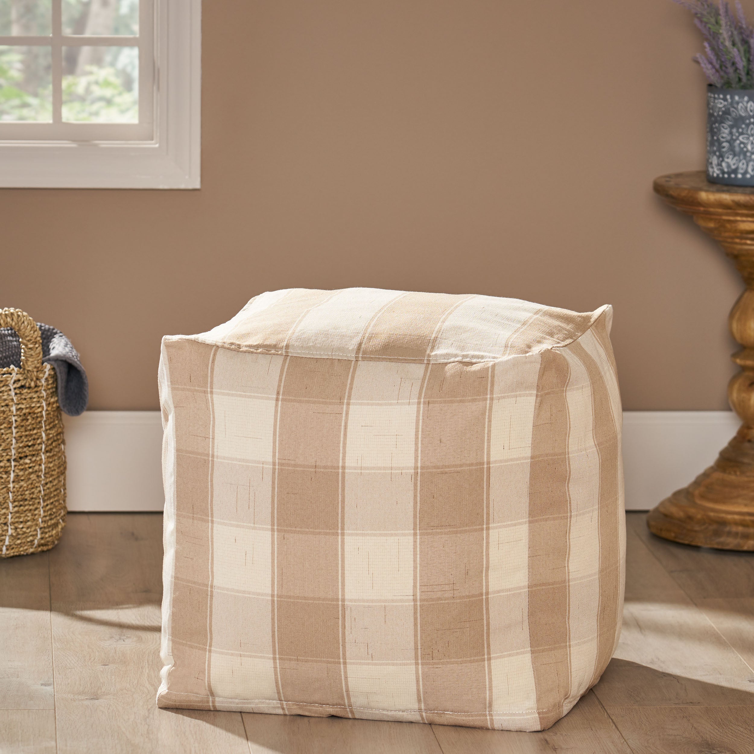 Prestage Modern Fabric Checkered Cube Pouf