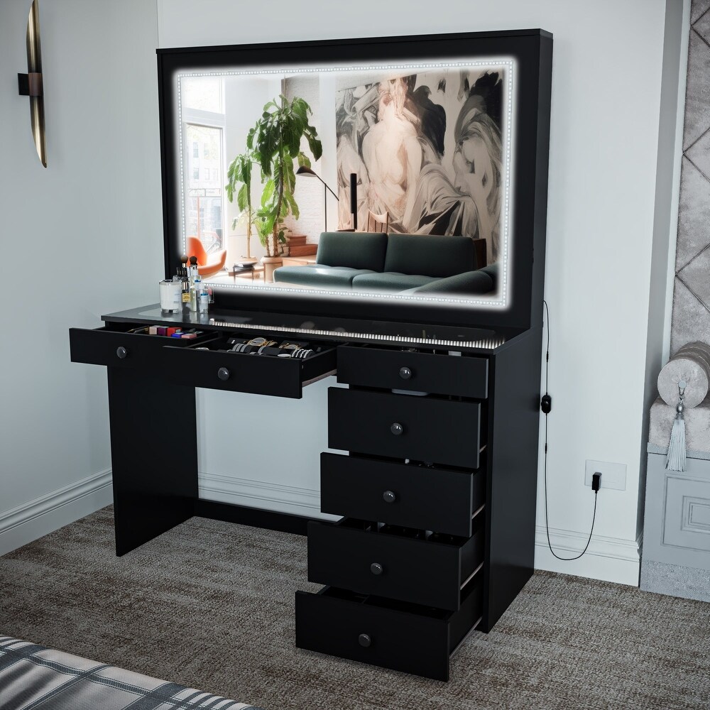 Boahaus Theia Modern Black Vanity Desk  7 Drawers